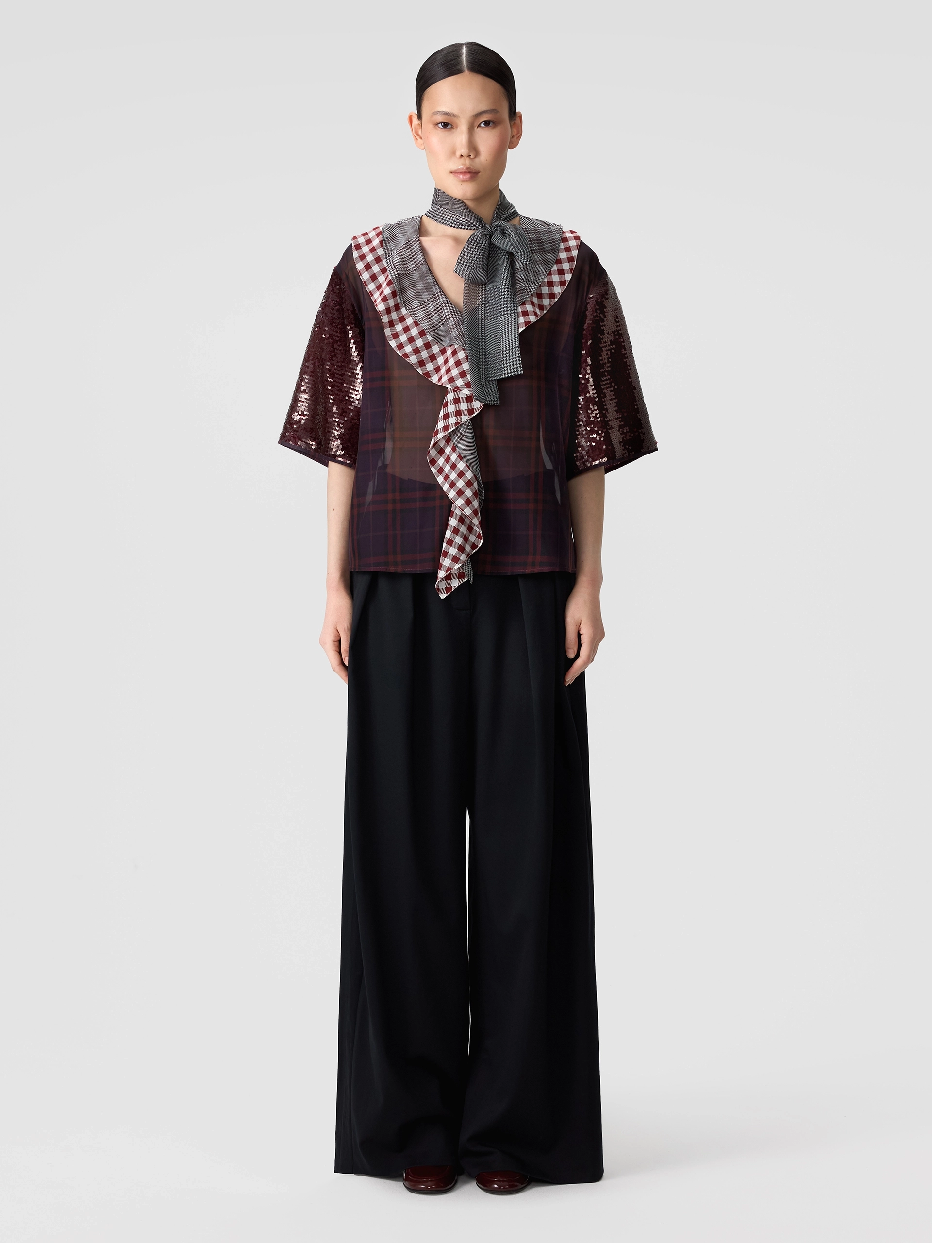 Блуза с воланами из микса клетчатых тканей OLA OLA