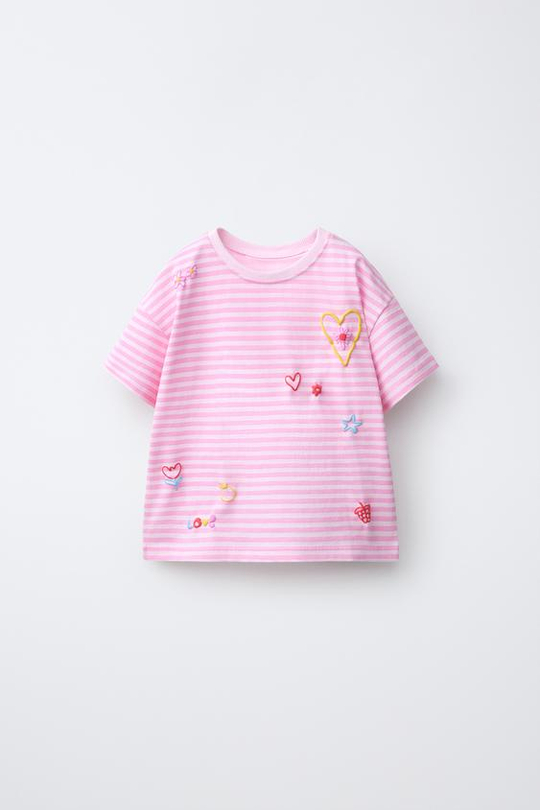 ZARA ФУТБОЛКА В ПОЛОСКУ С РЕЛЬЕФНЫМИ ДЕТАЛЯМИ, РОЗОВЫЙ