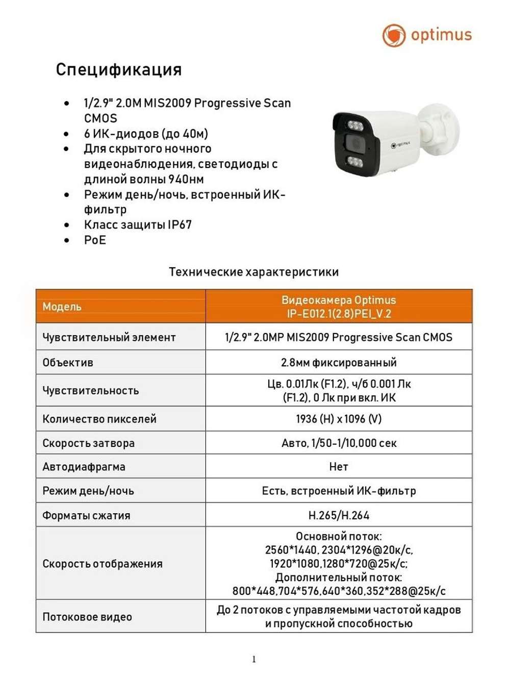 Видеокамера Optimus IP-E012.1(2.8)PEI_V.2
