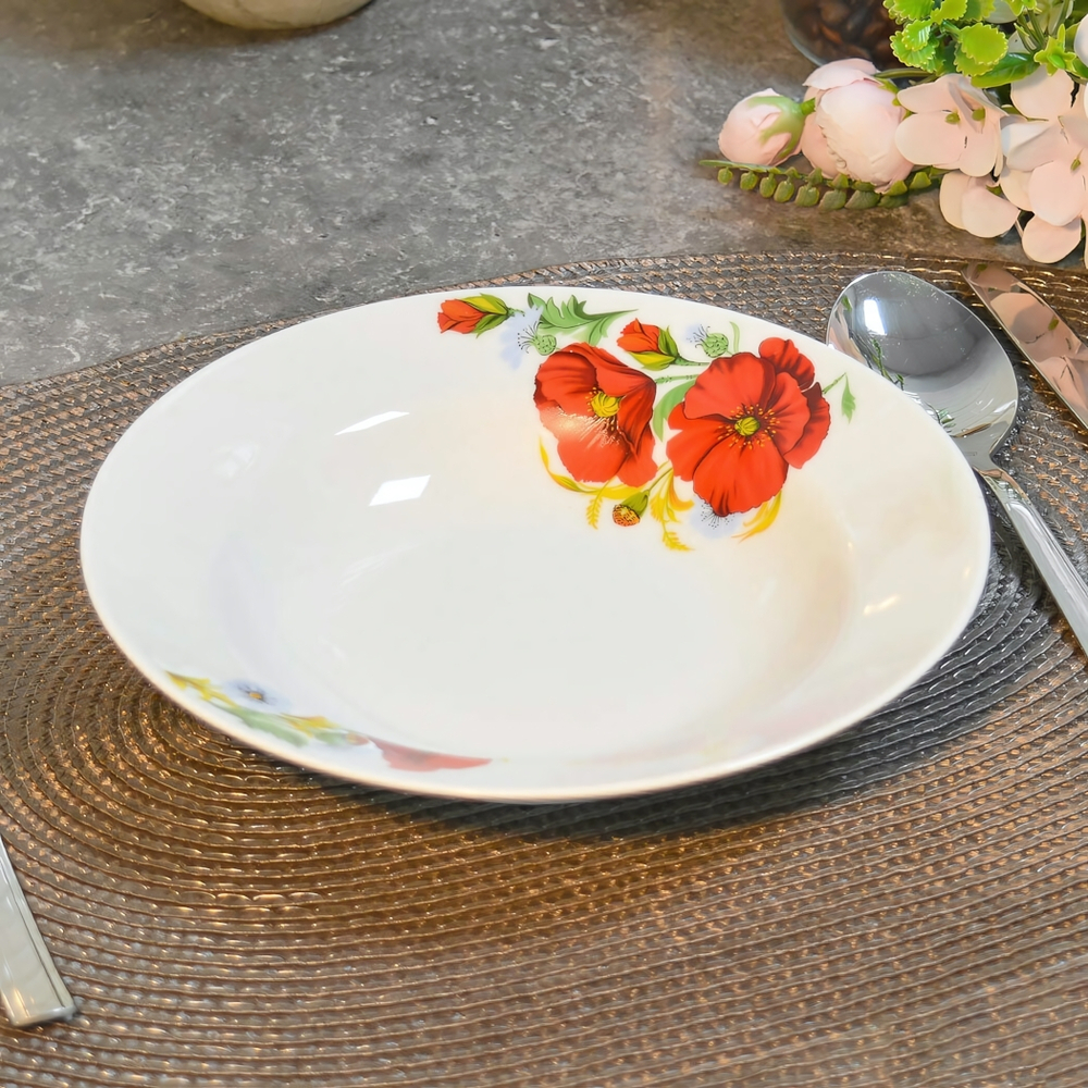 Тарелка 200мм глубокая форма Идиллия Маки красные