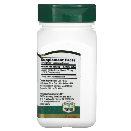 21st Century, Экстракт гинкго билоба, стандартизированный, 60 вегетарианских капсул (60 мг на капсулу)