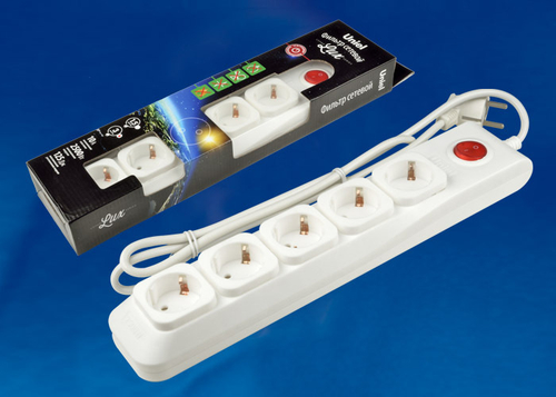 S-GSL5-3 WHITE Cетевой фильтр серии Lux, 3м (Пвс 3*0,75), 5 гнезд, с/з. 10А. Защита от перенапряжения, короткого замыкания. TM Uniel.