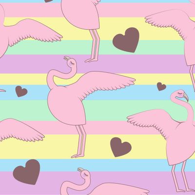 Розовые фламинго и сердца узор на разноцветных линиях