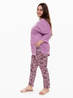 Брюки женские с принтом, цвет розовый с черн рисунком, размер 48