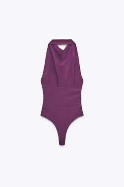 ZARA БОДИ С ГОРЛОВИНОЙ ХАЛТЕР И ОТКРЫТОЙ СПИНОЙ, БАКЛАЖАННЫЙ