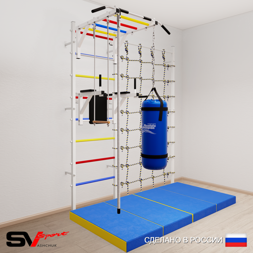 Шведская стенка Sv Sport усиленная 64650 (Турник рукоход/Брусья/Канат/Трапеция/Цепь/Мешок 15кг/Мат 2м/Канатный лаз)