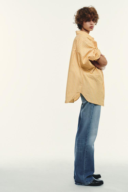 ZARA ПОПЛИНОВАЯ РУБАШКА ОВЕРСАЙЗ В ПОЛОСКУ, ГОРЧИЧНЫЙ