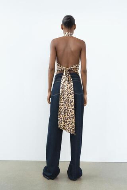 ZARA АТЛАСНЫЙ ТОП С ГОРЛОВИНОЙ ХАЛТЕР И БАНТОМ, ЛЕОПАРДОВЫЙ