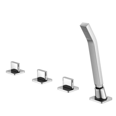 Steinberg Серия 200 Смеситель для ванны на 4 отверстия для применения со сливным-переливным-заливным гарнитуром с 90° керамическими вентилями, с переключателем и выдвижным ручным душем, хром 200 2481