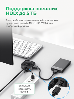 USB 2.0 хаб VegGieg на 4 порта | Поддержка HDD 5 ТБ | Питание Micro USB 5V/2A | Без драйверовдлина 0,2 м