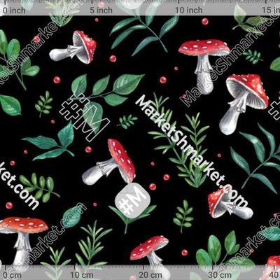 Акварельные мухоморы и листья на черном фоне by Loft Bat 178 DPI