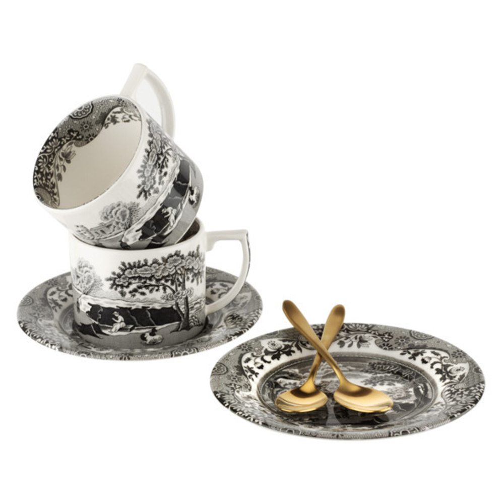 Набор чашек чайных с блюдцами и чайными ложками на 2 персоны Spode Черная Италия лимитированный выпуск