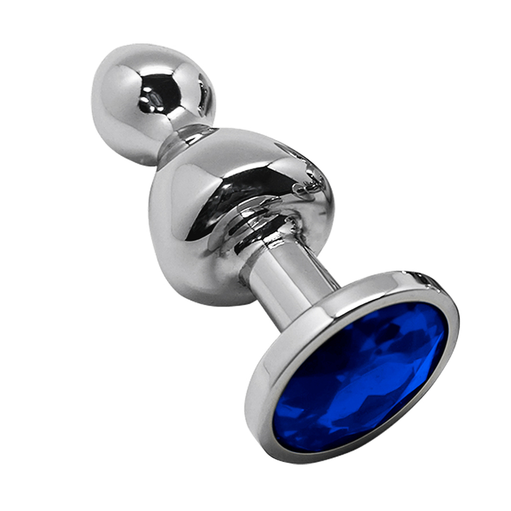 Металлическая анальная втулка 8,5см с синим кристаллом Cnex Wooomy Lollypop Double Ball Metal Plug Small Blue