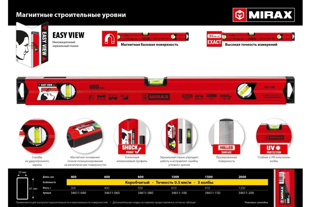 Магнитный строительный уровень MIRAX 400 мм 34611-040