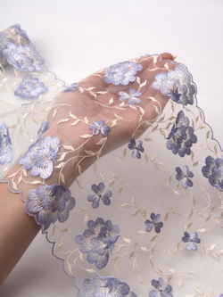 Вышивка на сетке шампань с пыльной сиренью неэластичная ширина 23 см