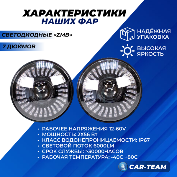 Фары светодиодные "ZMB" G0436 56Wx2 на Лада Нива 4x4, Урбан, ВАЗ 2101, 2102, УАЗ 3303, 469, УАЗ Хантер, Jeep Wrangler (2шт)