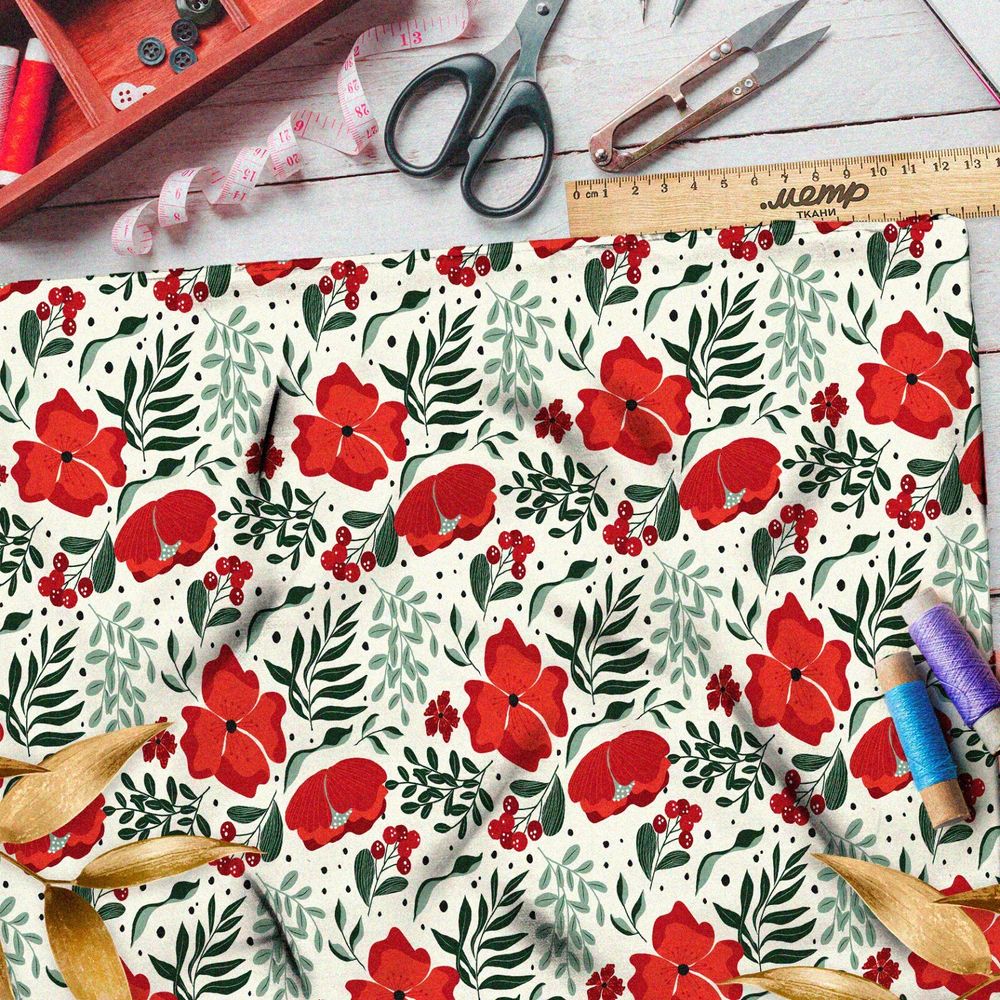 Ткань муслин насыщенные маки и листья на бежевом фоне