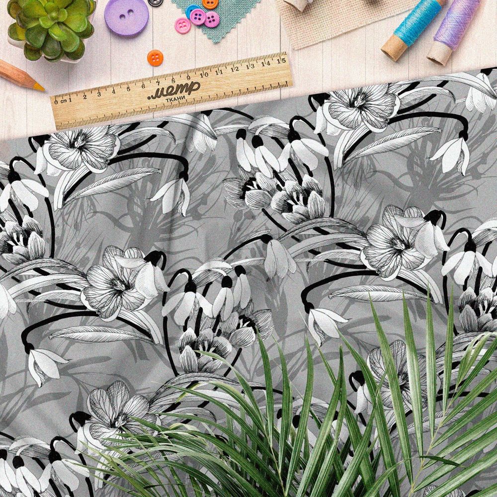 Ткань дюспо серый цветочный орнамент