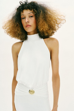 ZARA ПЛАТЬЕ ХАЛТЕР СО СБОРКАМИ, ЖЕЛТОВАТО-БЕЛЫЙ