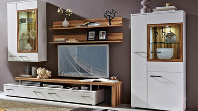 Гостиная Доломит Белый Фасадный 0101 / Орех 0729 305*50*157 см, Белый Фасадный, Орех   Фиеста