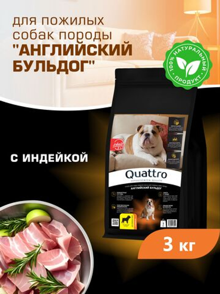 Quattro корм для пожилых собак породы Английский бульдог (5+), с индейкой, 3 кг, QUATTRO