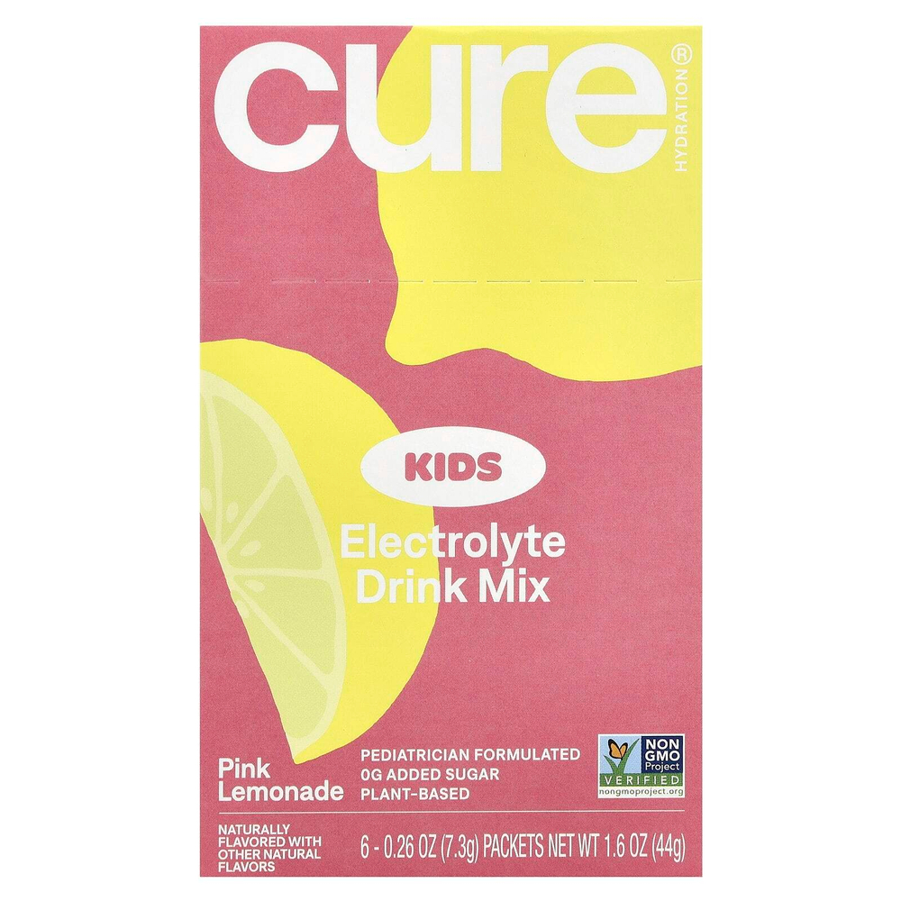 Cure Hydration, Kids, смесь для приготовления электролитов, розовый лимонад, 6 пакетиков по 7,3 г (0,26 унции)