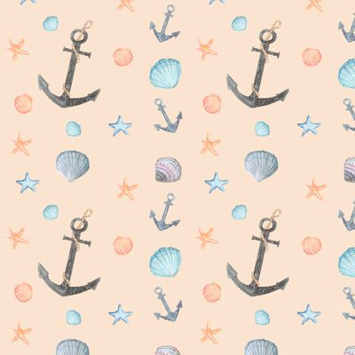 Якоря и ракушки на бежевом фоне