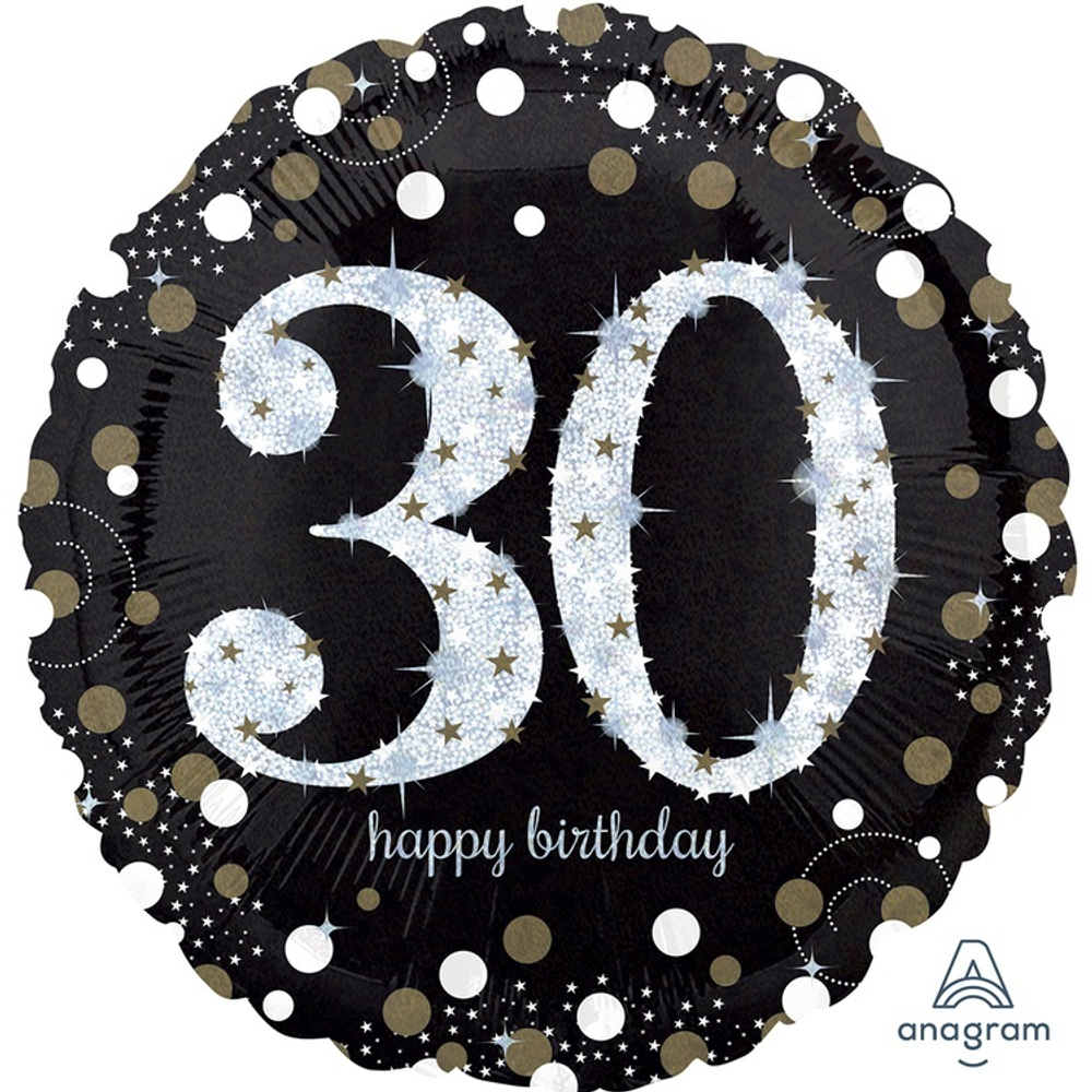 Фольгированная фигура, круг, HB Sparkling Birthday 30 gold S55,18"/46СМ