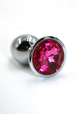 Анальная пробка "Medium" из алюминия с розовым стразом (Цвет: серебристый)