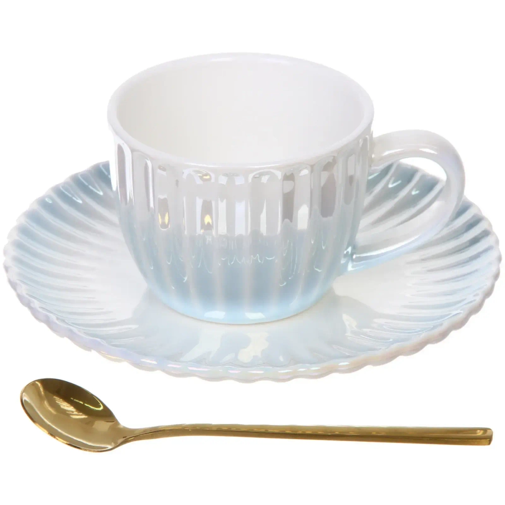 Чайная пара «Жемчужный блеск» (кружка 180мл, блюдце, ложка) голубой