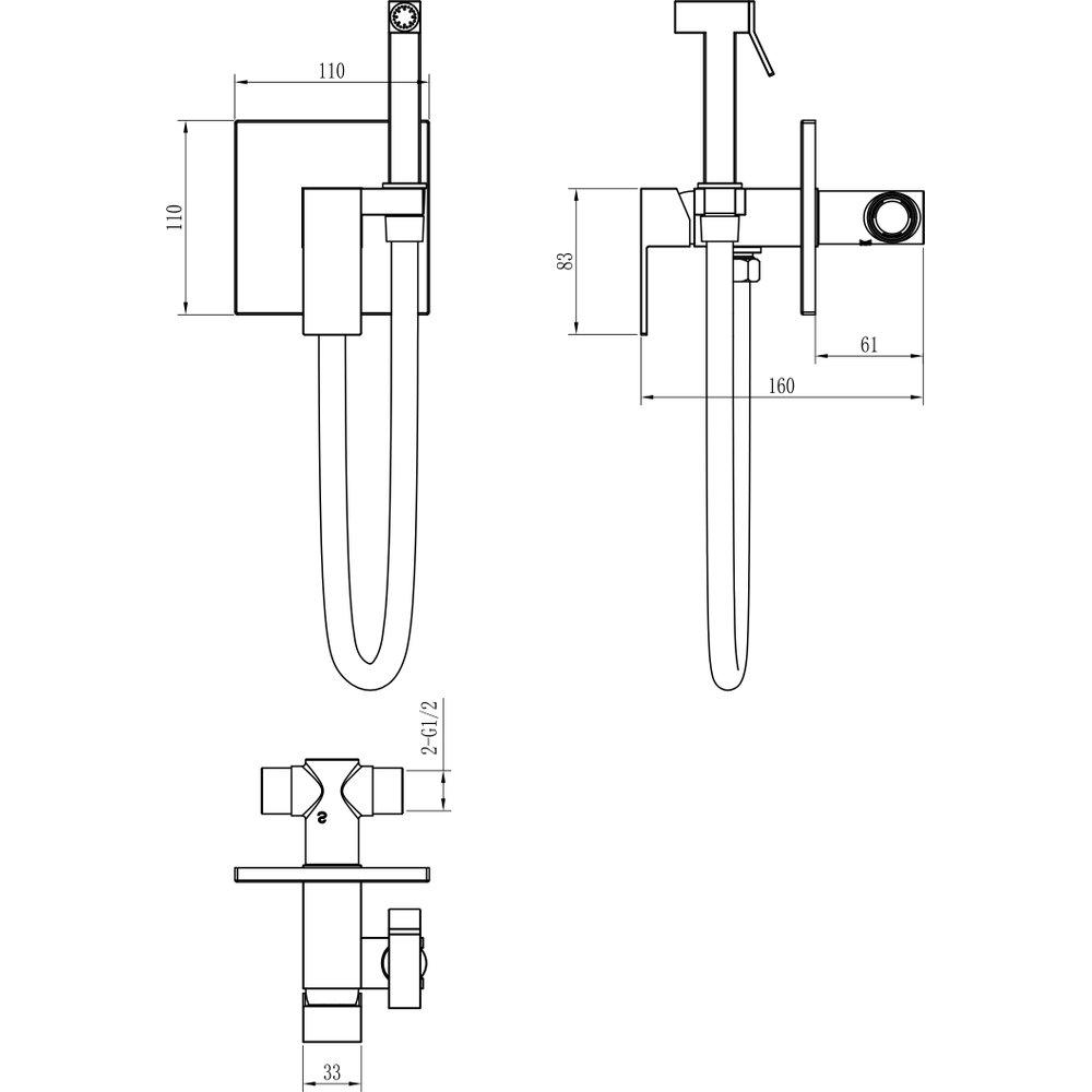 Гигиенический душ Boheme Qubic 477-G со смесителем, С ВНУТРЕННЕЙ ЧАСТЬЮ, shinny gold