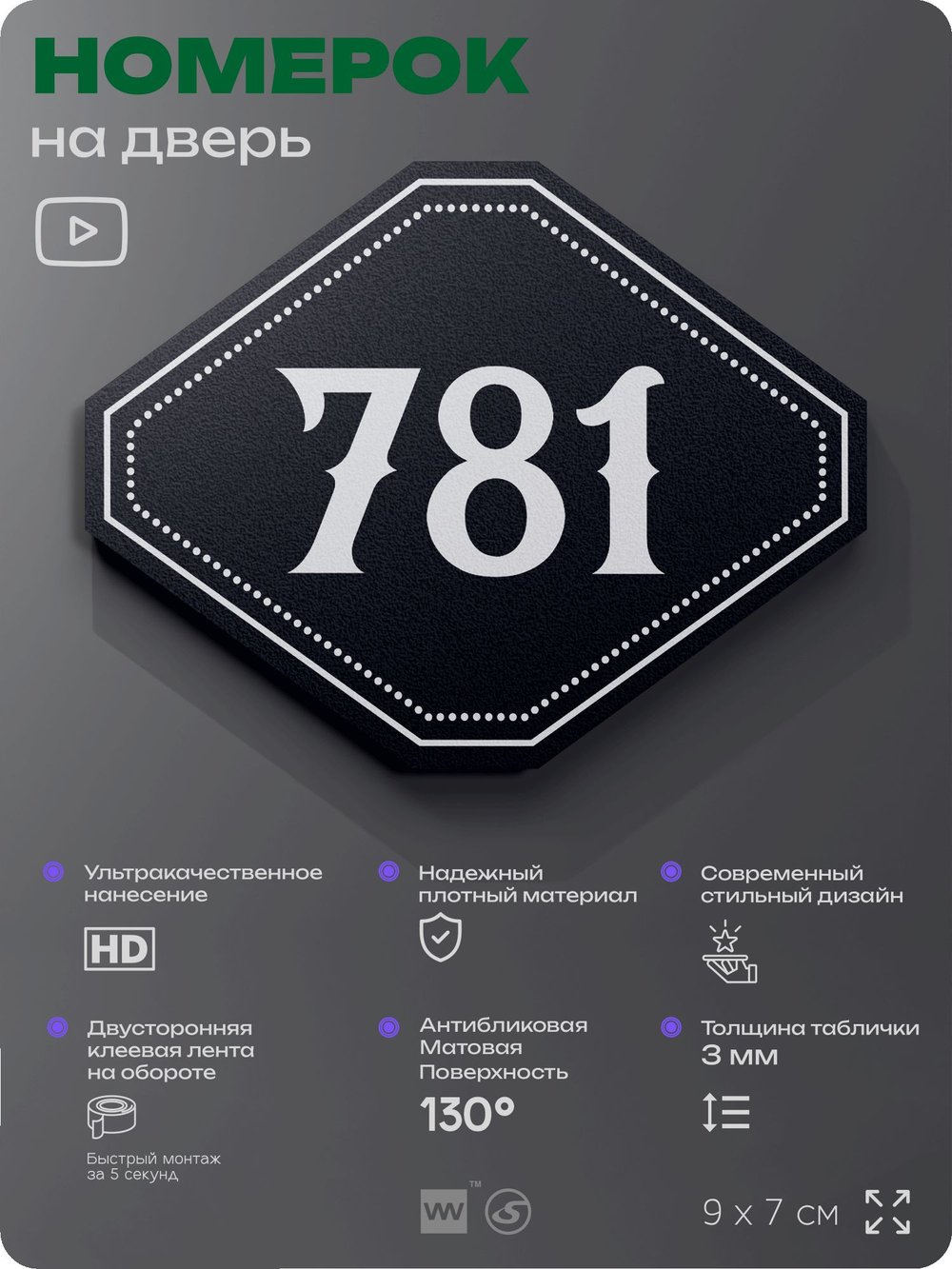 Номерок на дверь квартиры 781, для кабинета, офиса, шильдик 9 х 7 см, черный, Айдентика Технолоджи