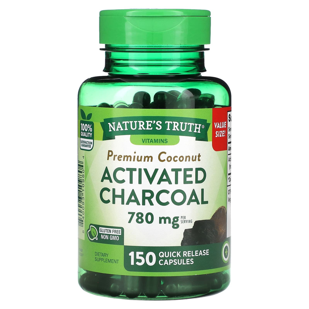 Nature's Truth, Vitamins, кокосовый активированный уголь премиального качества, 150 капсул с быстрым высвобождением (260 мг в 1 капсуле)