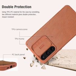Кожаный чехол книжка коричневого цвета от Nillkin для Samsung Galaxy A55 5G, серия Qin Pro Leather с защитной шторкой для камеры