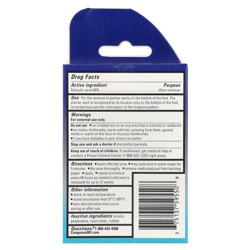 Compound W, Средство для удаления бородавок, One Step Plantar Foot Pads, максимальная сила действия, 20 лечебных подушечек