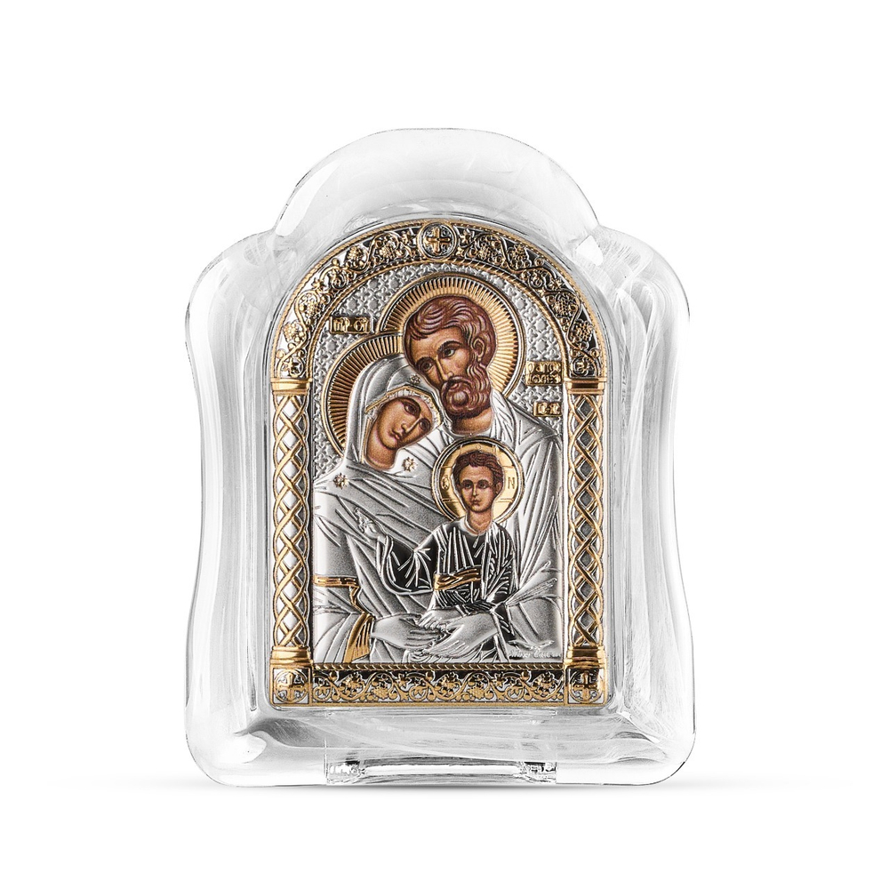 Св. Семейство, икона арочная, белое муранское стекло 65х85
