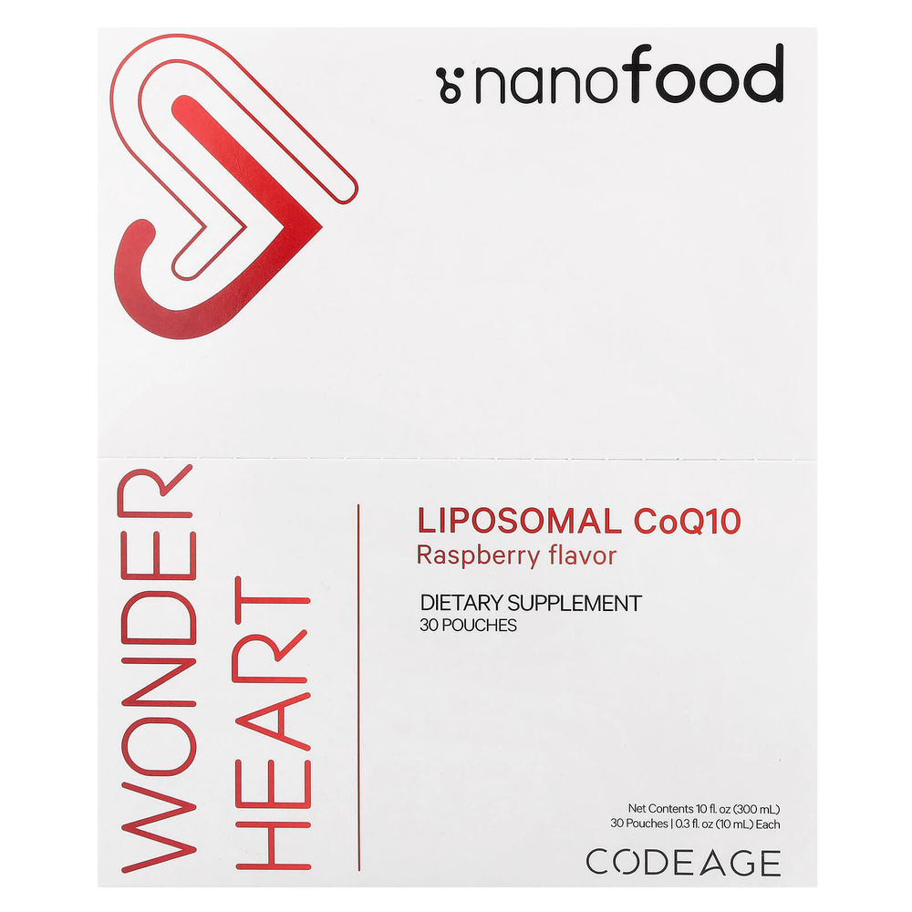 Codeage, Nanofood, Wonder Heart, липосомальный коэнзим Q10, малина, 30 пакетиков по 10 мл (0,3 жидк. унц.)