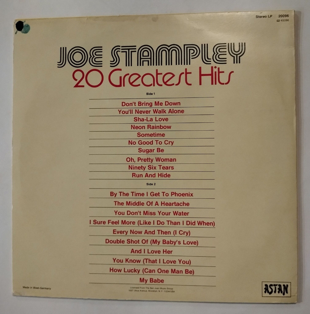 Винтажная виниловая пластинка LP Joe Stampley 20 Greatest Hits (Germany 1984)