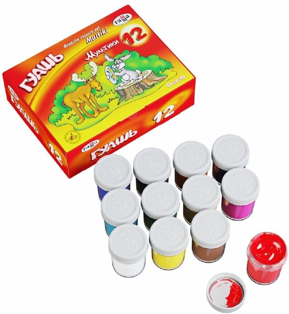 Гуашь ГАММА "Мультики", 12 цветов по 40 мл, без кисти, картонная упаковка, 221032Н