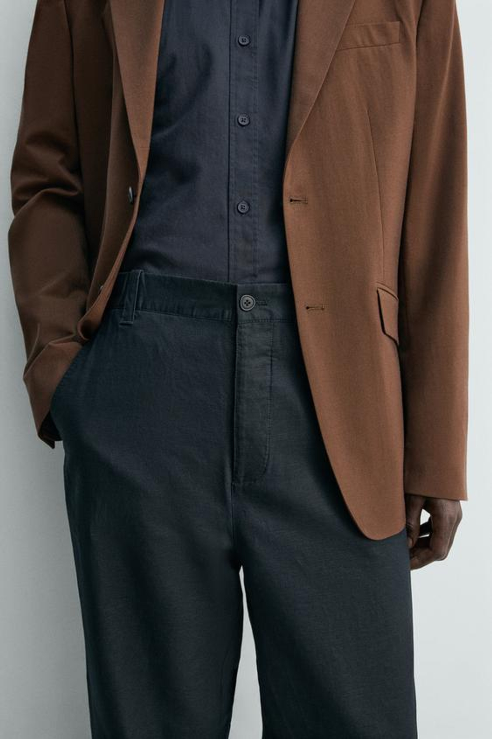 ZARA БРЮКИ STRAIGHT FIT ИЗ КОНОПЛИ И ХЛОПКА, МОРСКОЙ ТЕМНО-СИНИЙ