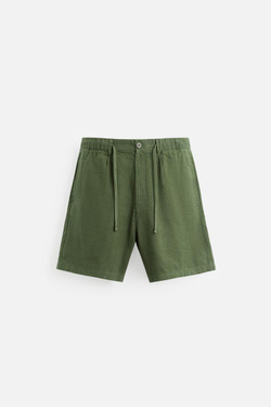 ZARA ШОРТЫ ИЗ ХЛОПКА И ЛЬНА, ЗЕЛЕНЫЙ