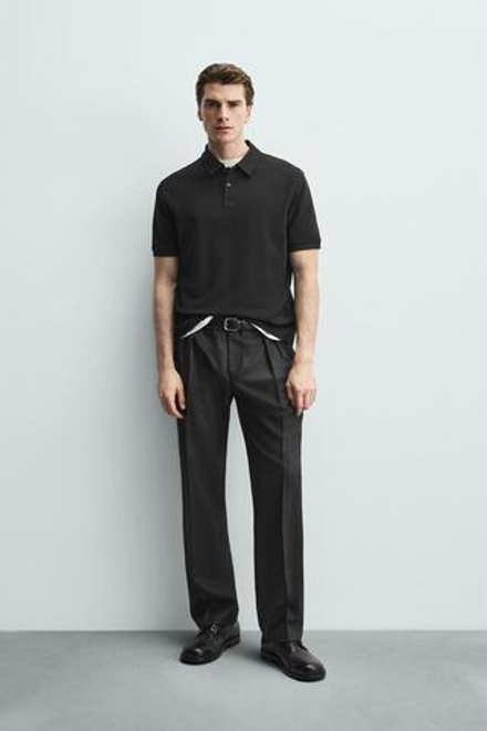 ZARA ПОЛО REGULAR FIT С РЕЛЬЕФНОЙ СТРУКТУРОЙ, ЧЕРНЫЙ
