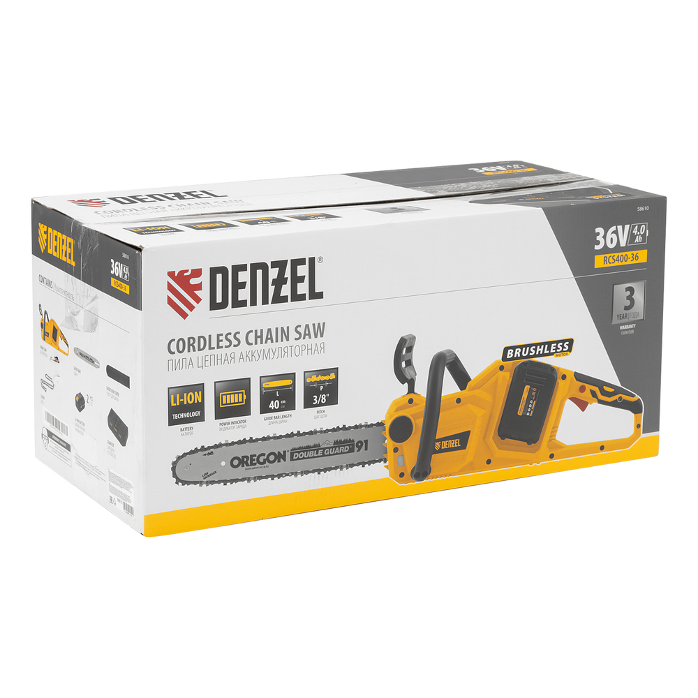 Цепная пила аккумуляторная бесщеточная RCS400-36, Li-ion, 36 В, 4 Ач, шина 400 мм Denzel