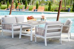 "Сан Ремо" диван 2-местный плетеный из роупа, каркас алюминий белый, роуп бежевый, ткань бежевая