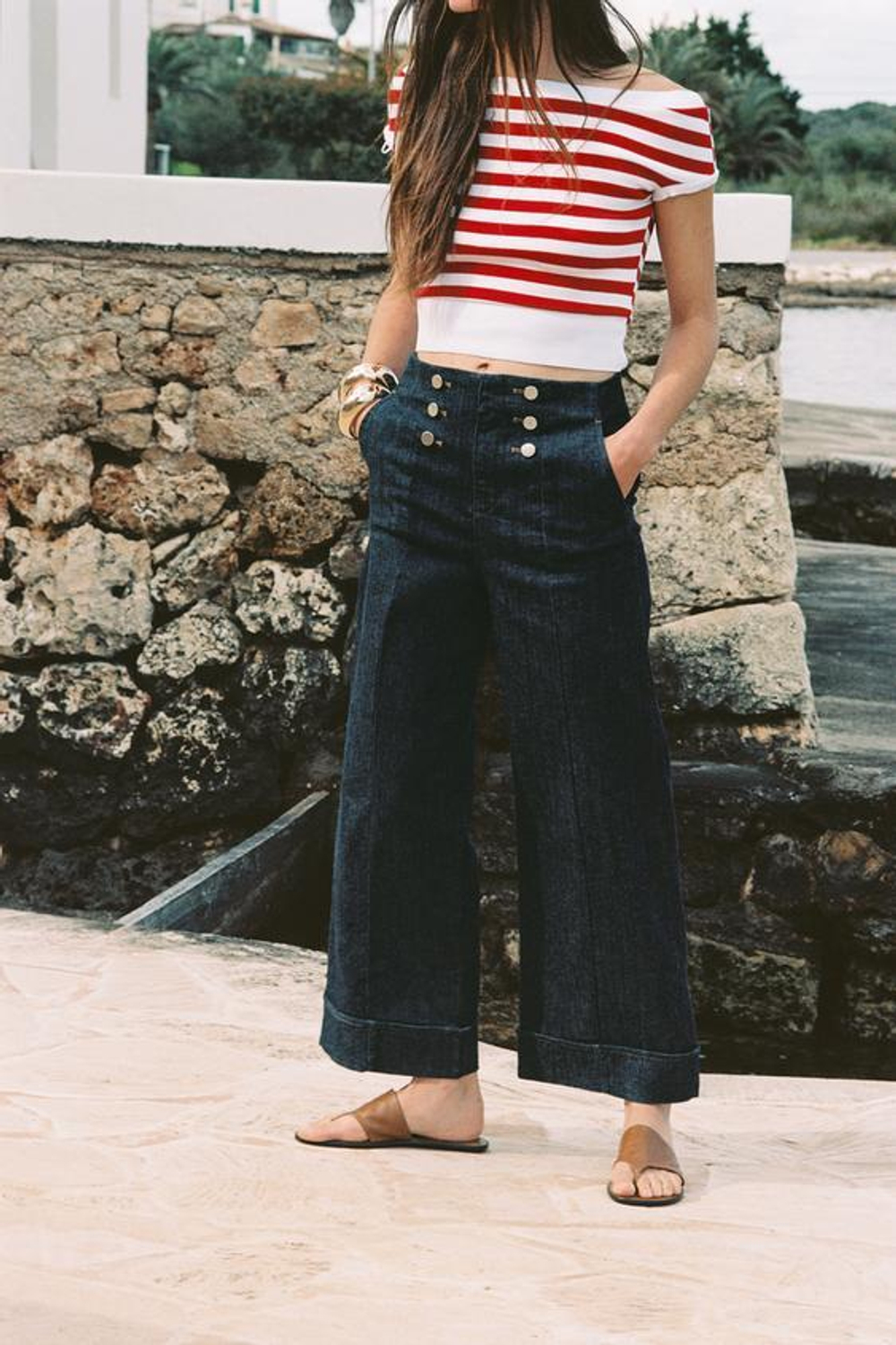 ZARA БРЮКИ-КЮЛОТЫ С ПУГОВИЦАМИ, ИНДИГО