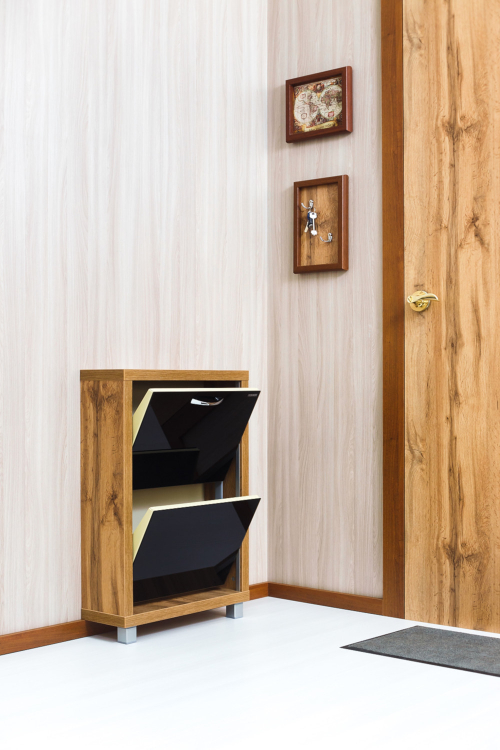 Обувница в прихожую компактная для обуви Люкс 2 черное стекло дуб вотан