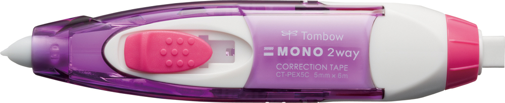 Ручка-ластик и ленточный корректор Tombow Mono 2way. Модель: CT-PEX5C90. Цвет корпуса: пурпурный, белый и розовый. Ширина ленты 5 мм. Длина: 6 м.