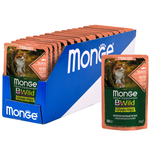 Влажный корм Monge Cat BWild GRAIN FREE для стерилизованных кошек, беззерновой, из лосося с креветками и овощами, паучи 85 г
