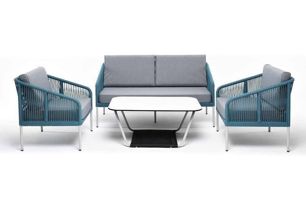"Канны" лаунж-зона 4-местная из роупа со столом "Гранада" (молочный), каркас алюминиевый светло-серый, роуп бирюзовый