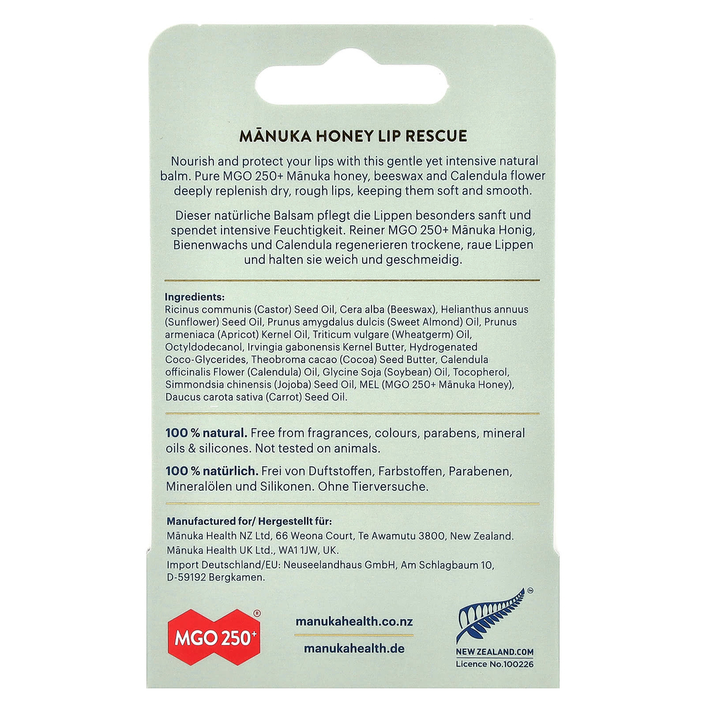 Manuka Health, 100% натуральный бальзам для губ с медом манука, 4,5 г (0,16 унции)